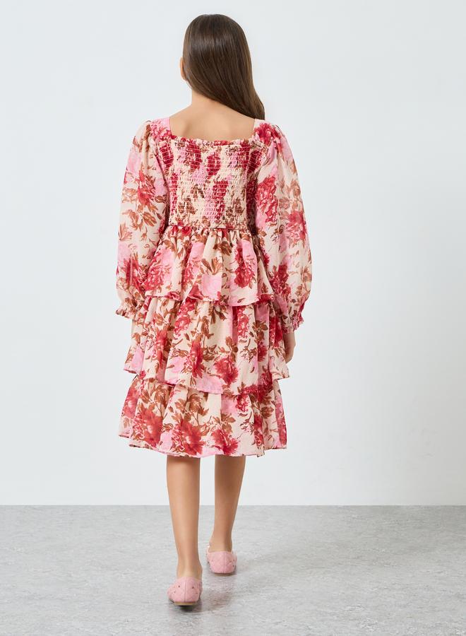 Styli Girls Pink Floral Print Smocked Tiered Dress - Image 4